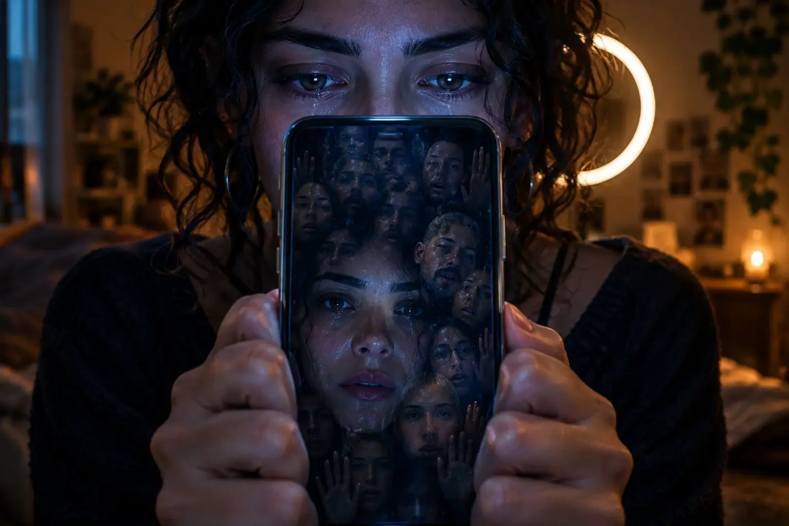 Een vrouw houdt een diepzwart telefoonscherm als spiegel voor zich; in het glas komt alleen haar eigen gezicht terug, met daarachter tientallen platgedrukte gezichten.