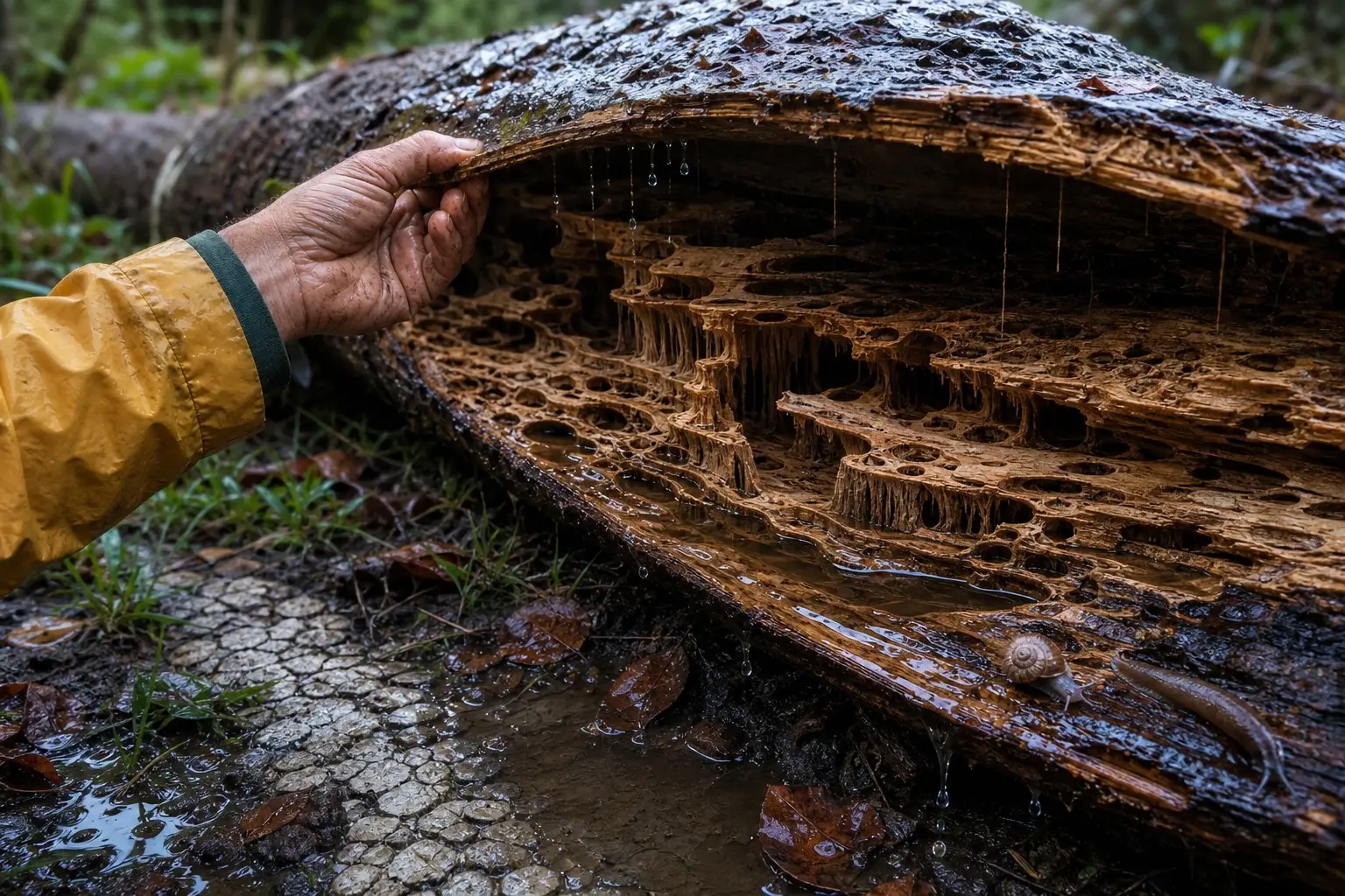Een aardevuile hand tilt de natte bast van een omgevallen stam op en onthult een onverwacht diepe, grotendeels lege wereld van houtterrassen, waar enkele slakken en insecten langs verse regenbanen bewegen.