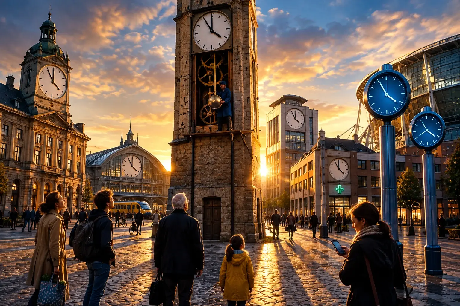 Op een Nederlands marktplein staan alle openbare klokken net voor vier; een klokkenmaker houdt in de toren het slingergewicht tegen.