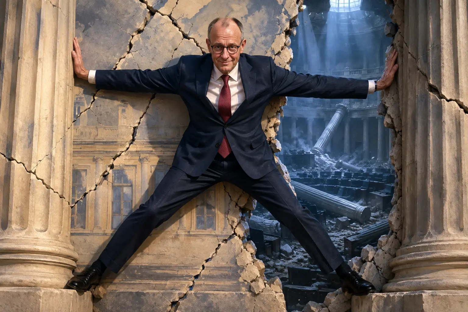 Friedrich Merz houdt een scheurende regeringsfaçade overeind, terwijl achter de dunne wand een ingestorte parlementszaal zichtbaar is.