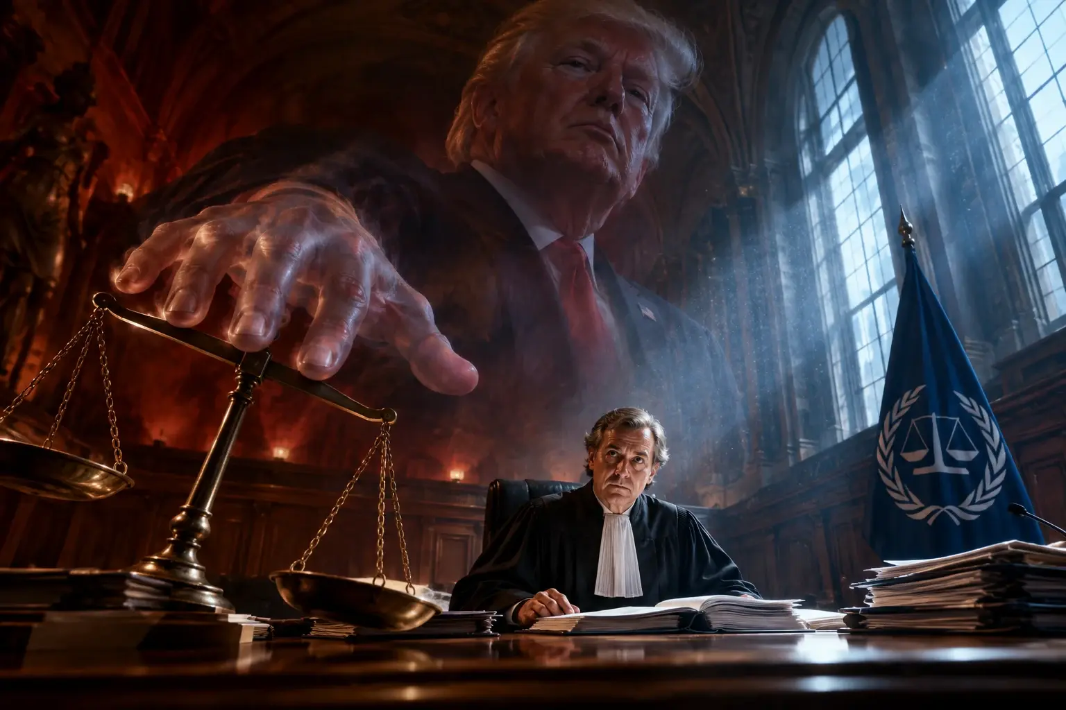 Kleine ICC-rechter zit aan de rechterstoel terwijl een enorme doorschijnende Donald Trump boven hem de weegschaal van Justitia overheerst.