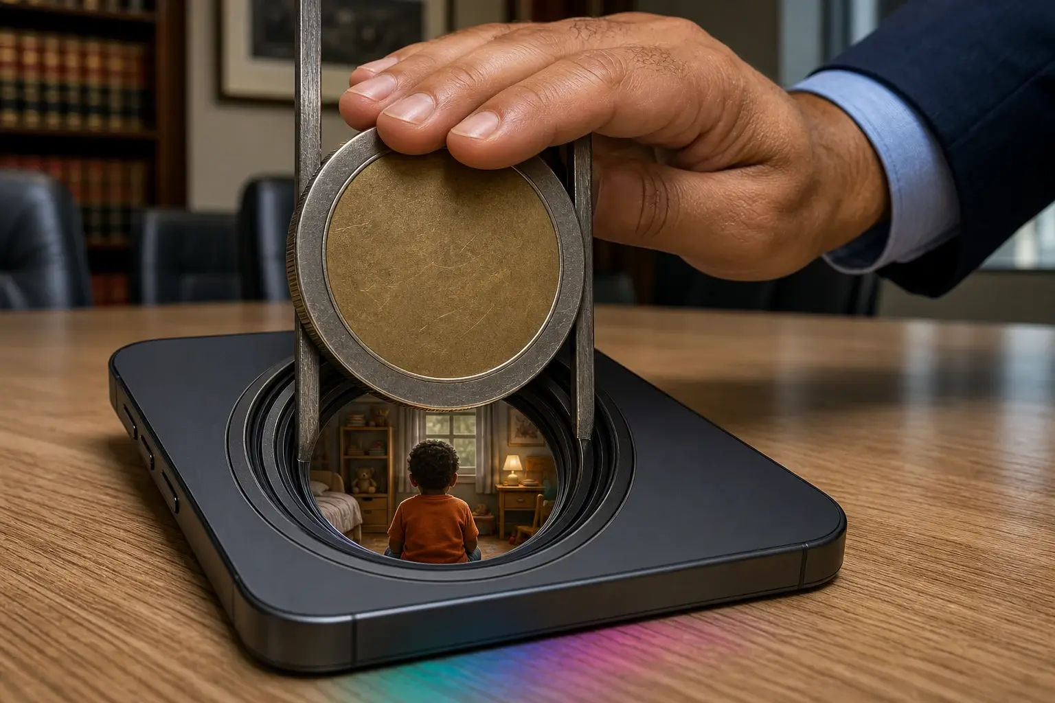 Een volwassen hand schuift een enorme blanco munt als sluiter voor de cameralens van een smartphone, terwijl in de miniatuurkamer achter de lens een kind van achteren een gordijn over de resterende opening trekt.
