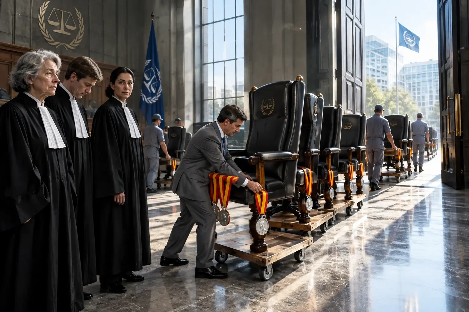 Hoge rechtersstoelen worden op karren uit een ICC-rechtszaal gereden; een ambtenaar strikt prijslinten om de poten, drie rechters kijken toe.