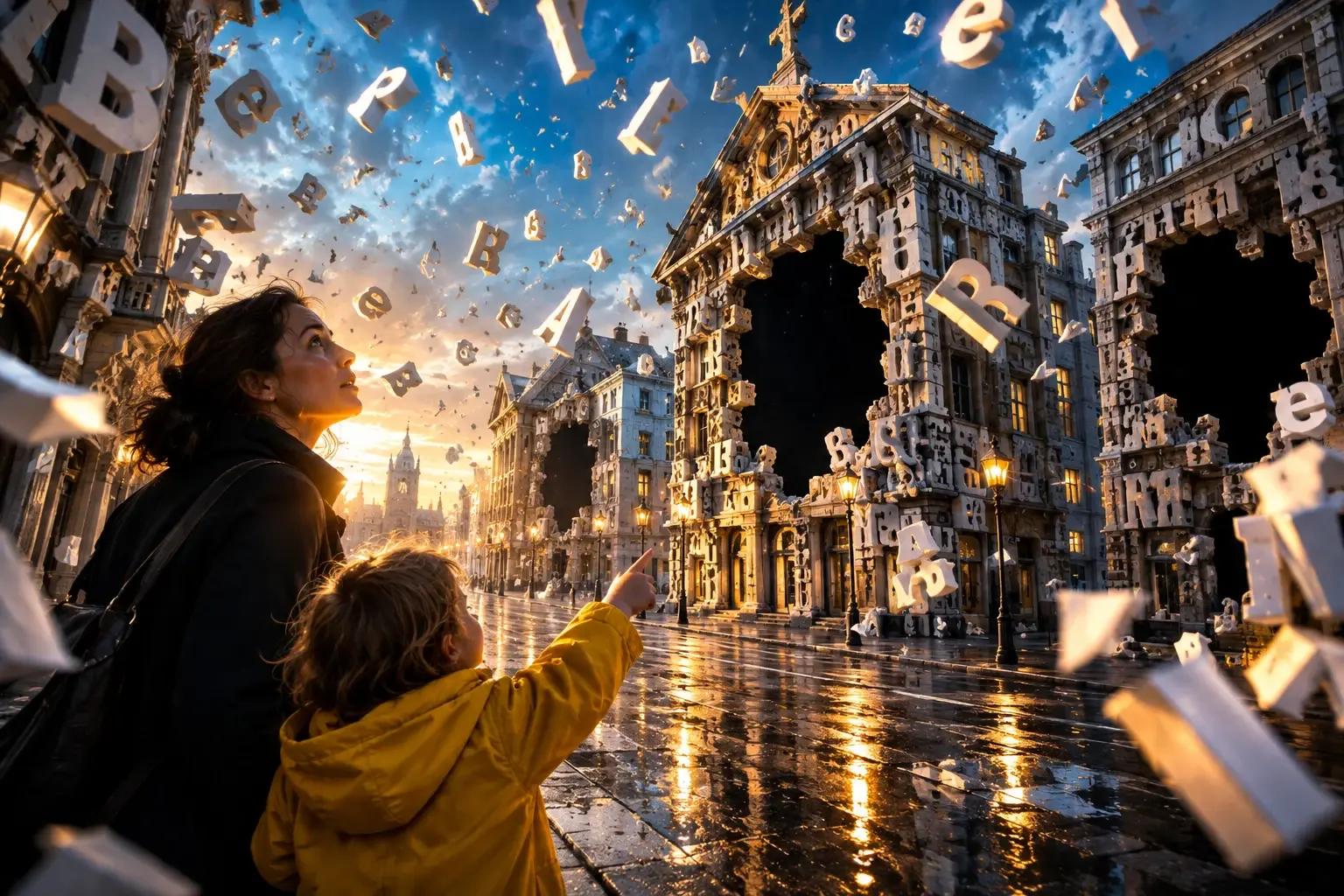 Een Nederlandse straat met gevels van grote letters; drie gebouwen hebben zwarte gaten waar letters ontbreken, met een vrouw en kind op de voorgrond.