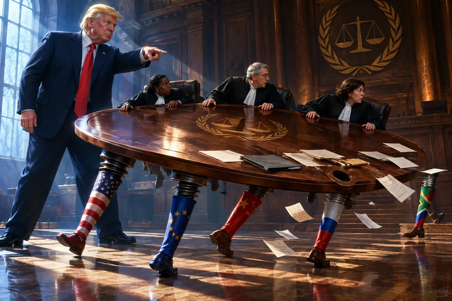 Surreële tafel van het ICC op poten met landkleuren; poten draaien zich los en lopen weg, Donald Trump groot aan de rand.