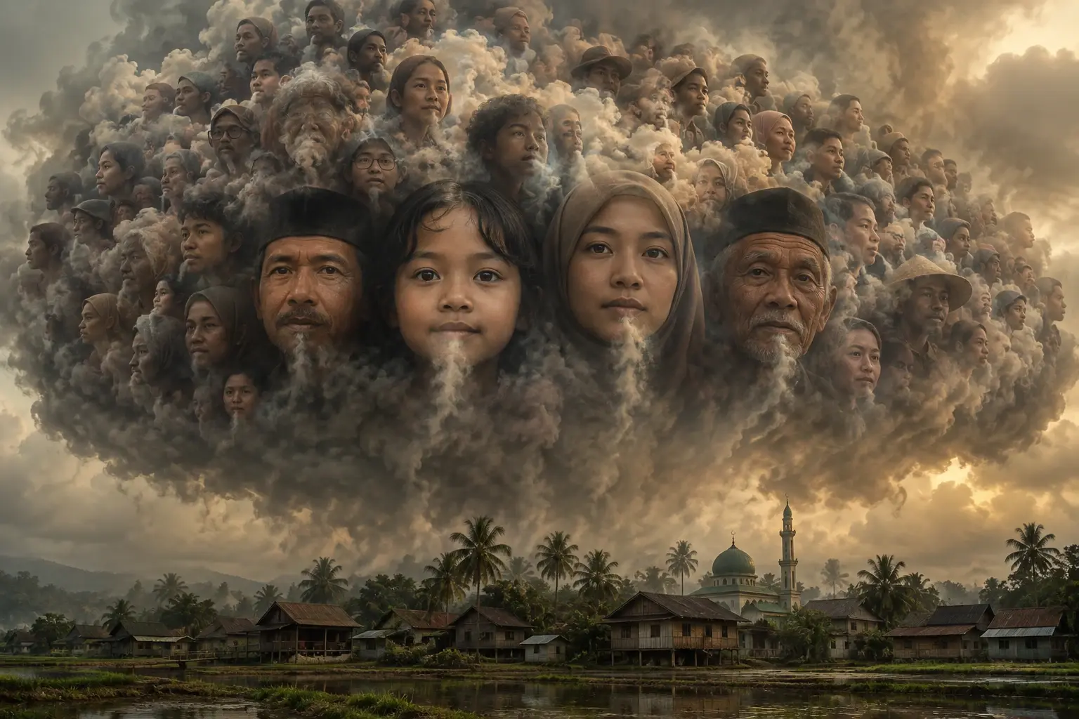 Reusachtige smogwolk boven Indonesisch dorp; de wolk lost op in talloze ademende gezichten die hun eigen adem toevoegen.