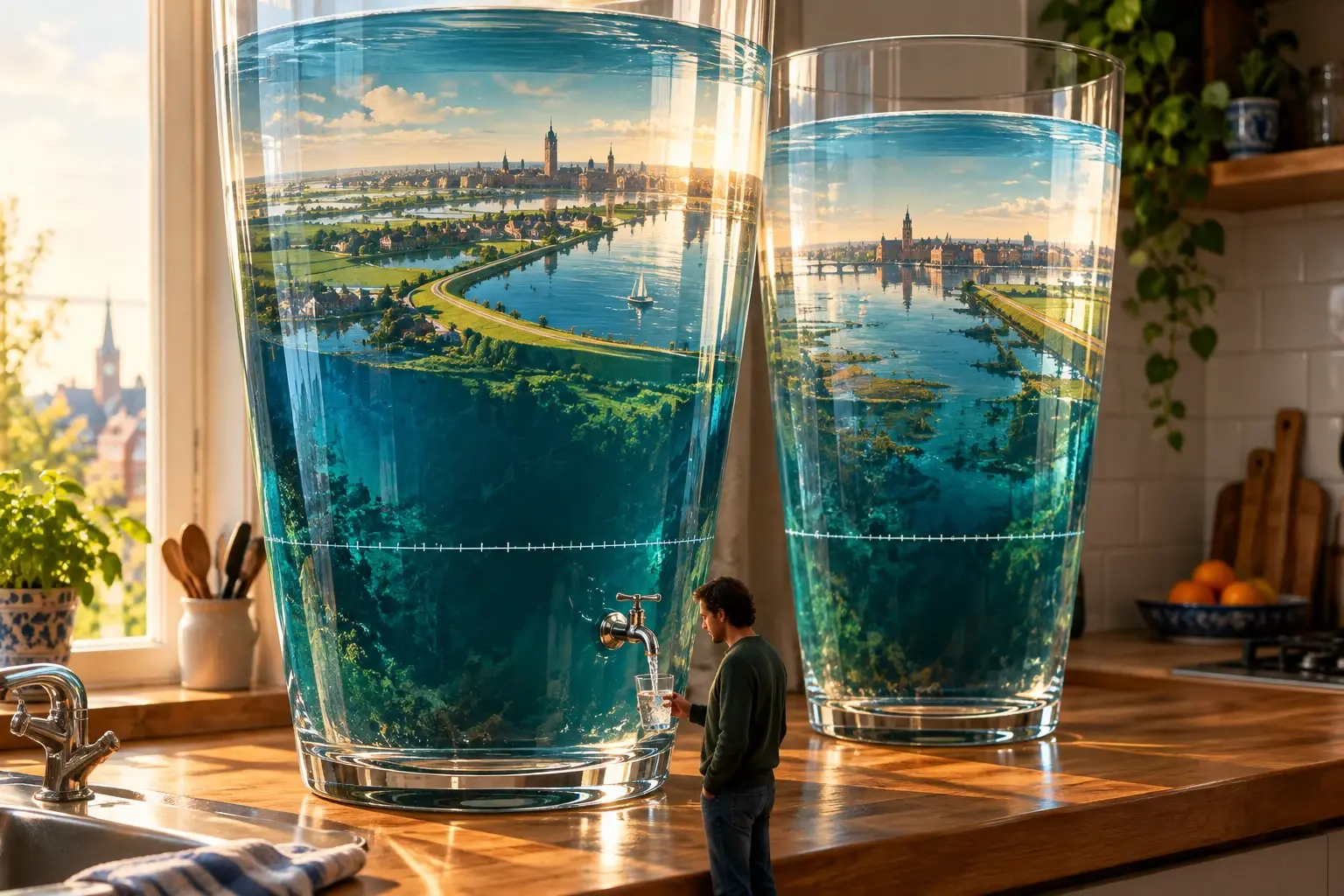 Twee kolossale drinkglazen als provincies op een keukenaanrecht; het water staat ver boven de normlijn, een klein persoon tapt een gewoon glas.