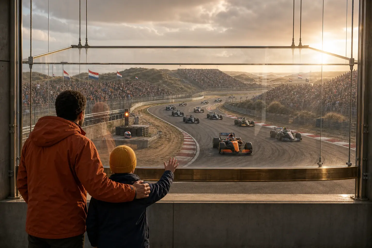 Een levende Formule 1-race met volle tribunes wordt onder een dalende museumvitrine afgesloten, terwijl een kind naar het glas reikt en de papajakleurige leider de laatste lichtlijn passeert.