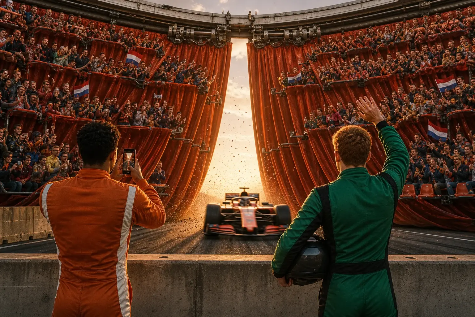 Twee coureurs filmen en begroeten volle tribunes die als zware oranje gordijnen rond een laatste passerende racewagen sluiten.