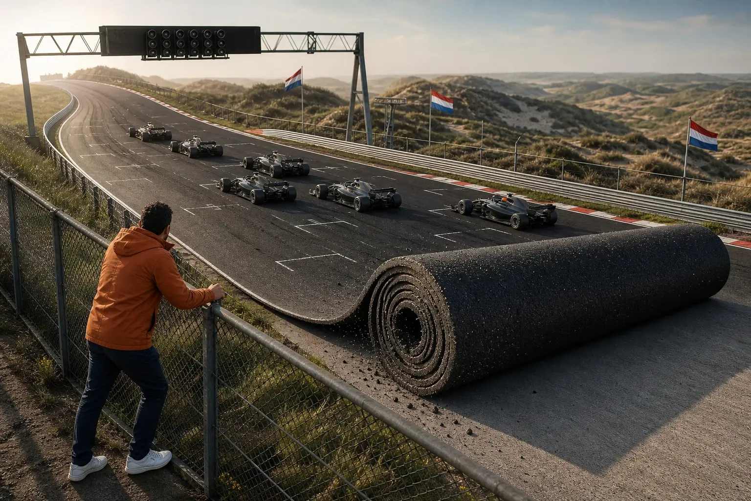 De wedstrijdbovenlaag van het circuit van Zandvoort rolt zich achter zes racewagens op, terwijl één bezoeker achter het hek toekijkt.