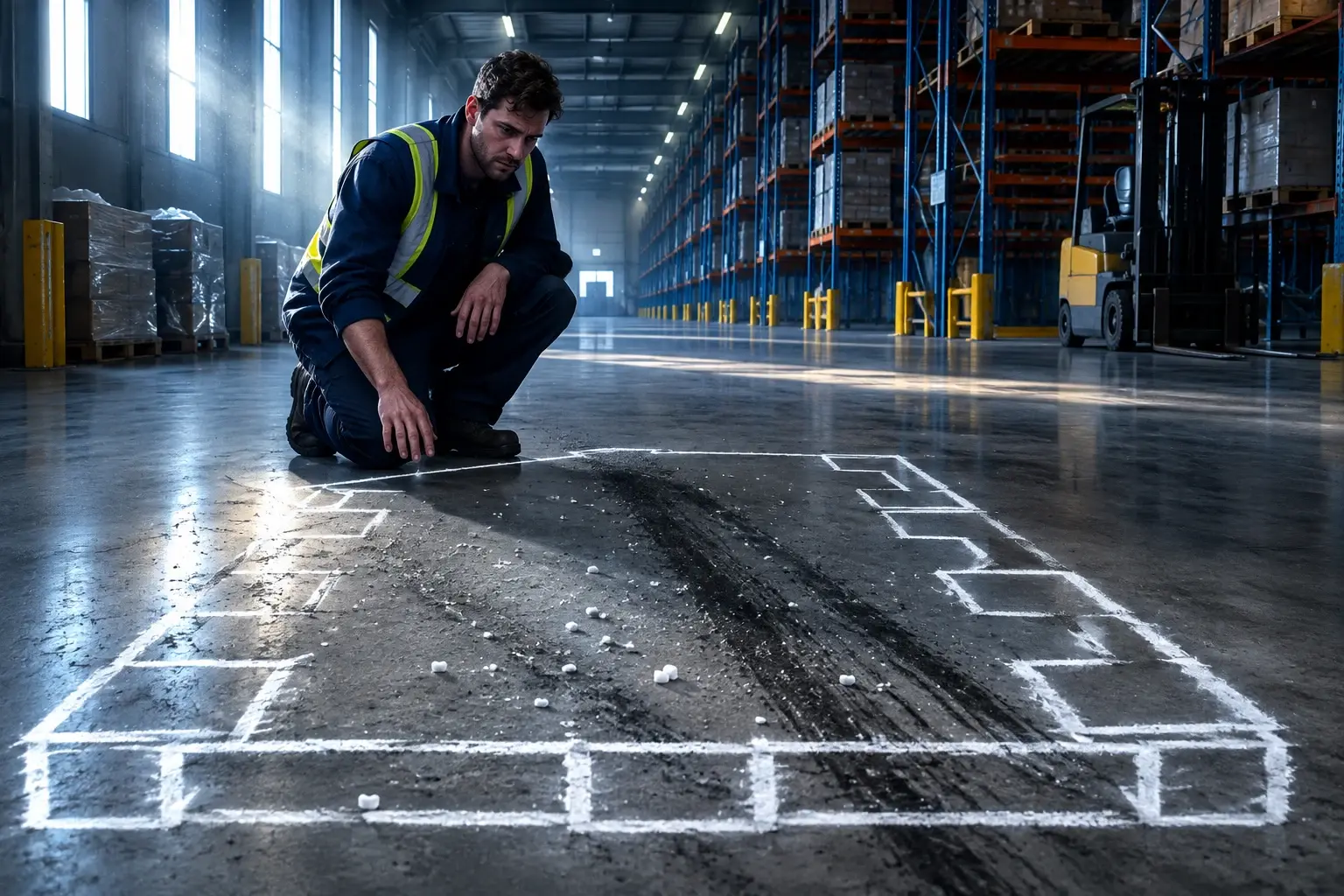 Een medewerker in een koud distributiecentrum knielt bij een krijtcontour van een ontbrekende pallet; op de achtergrond staat een stilstaande heftruck.