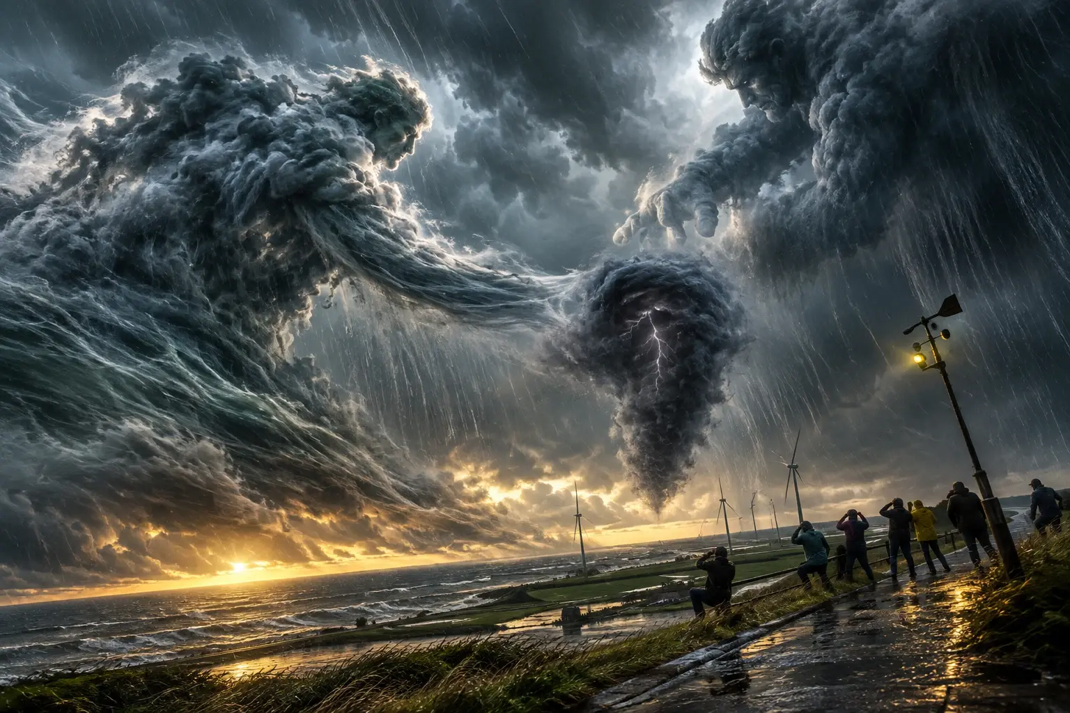Twee reusachtige stormfiguren geven boven een natte Nederlandse polder een regenbaton aan elkaar door, terwijl kleine toeschouwers op de dijk zich schrap zetten.