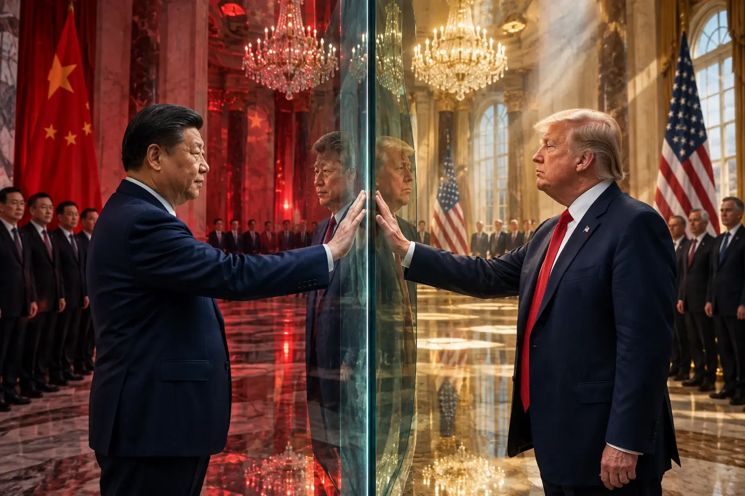 Twee presidenten reiken naar hun eigen spiegelhelft in een manshoge halve spiegel, hun handen ontmoeten elkaar nooit