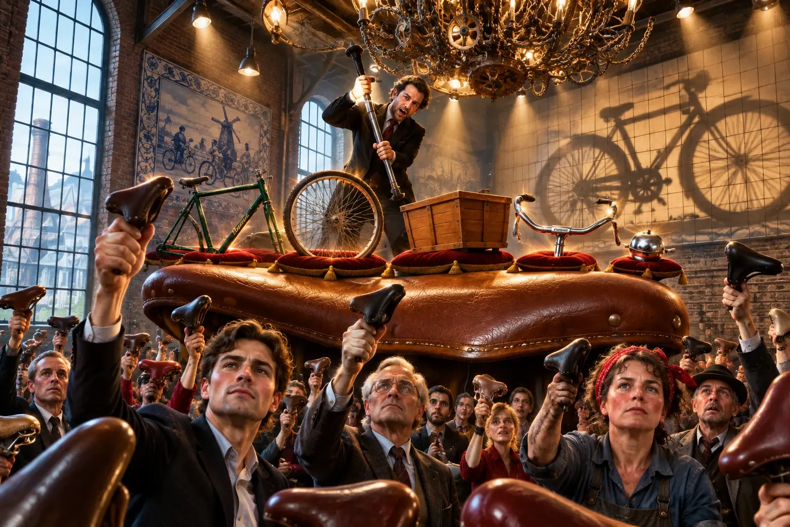 Zestig bieders heffen fietszadels op in een veilingzaal waar losse Batavus-, Sparta-, Babboe- en Raleigh-onderdelen worden geveild.