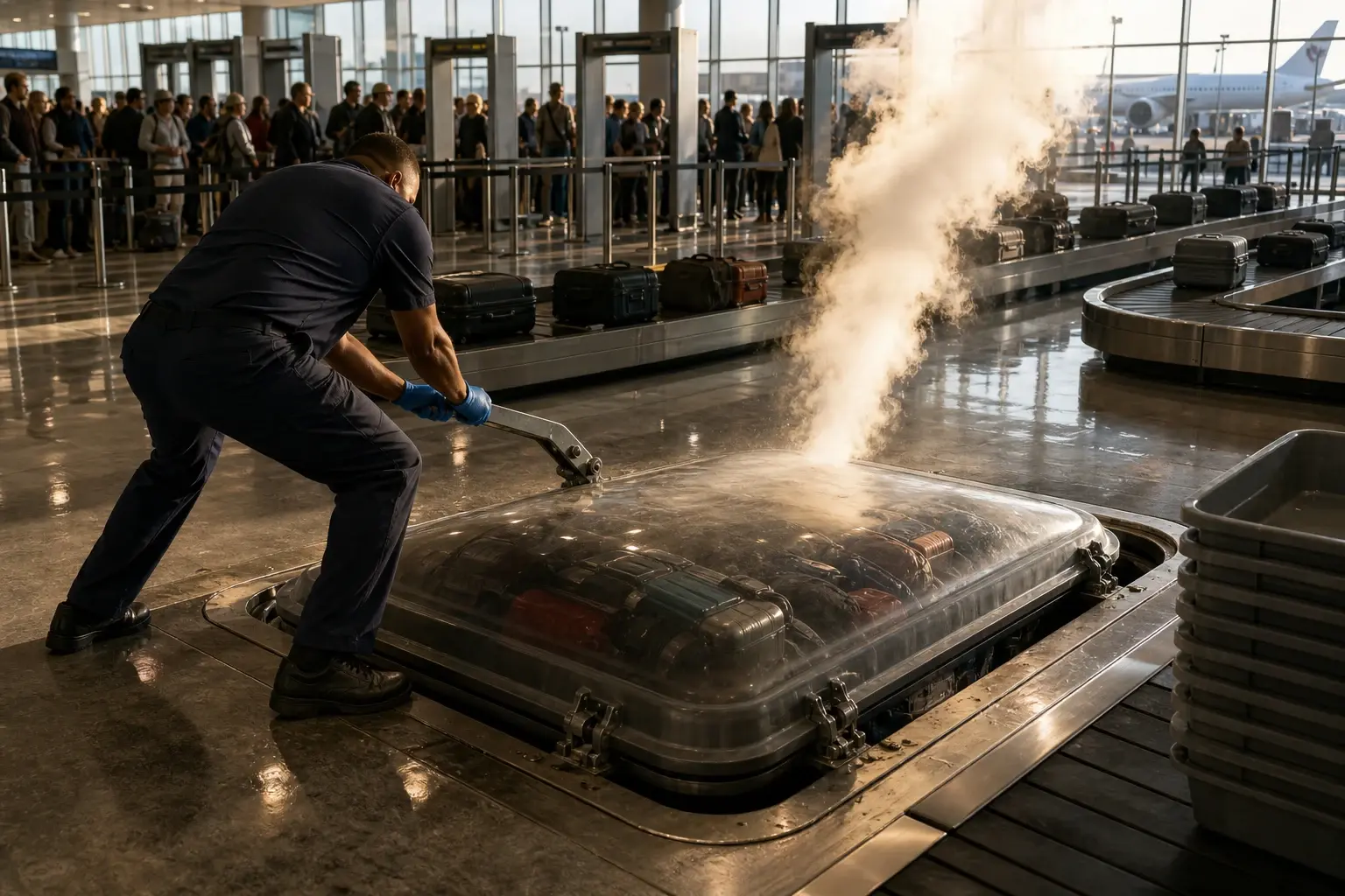 Een beveiliger opent in een drukke luchthaven een stoomklep op een reusachtige securitytray die als bolstaand drukvatdeksel uit de terminalvloer oprijst.