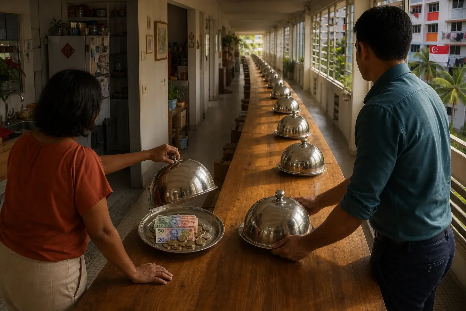 Twee volwassenen serveren afzonderlijke geldgangen aan een onmogelijk lange tafel die eindigt bij een lege kinderstoel in een Singaporese flat.