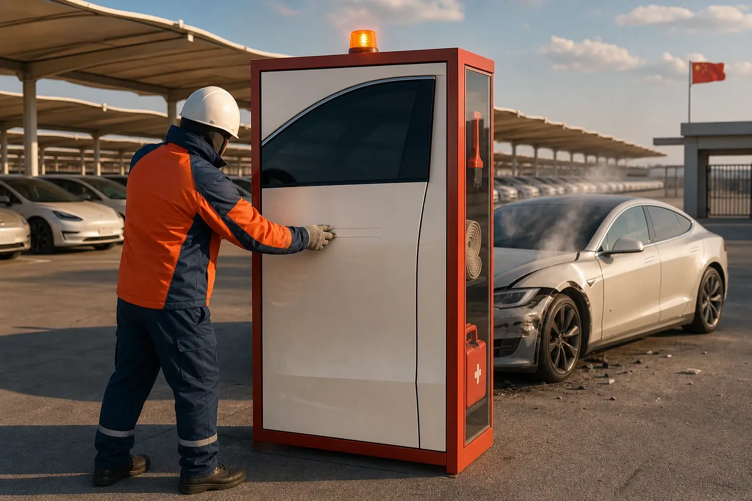 Een hulpverlener zoekt vergeefs naar de vlakliggende klink van een noodkast die eruitziet als een elektrische-autodeur, terwijl de reddingsmiddelen zichtbaar achter het paneel liggen.