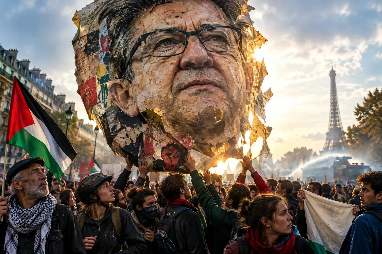 Surrealistisch Dagbeeld: een enorme gescheurde papieren kop van Jean-Luc Mélenchon wordt door demonstranten omhooggeduwd en tegengehouden.