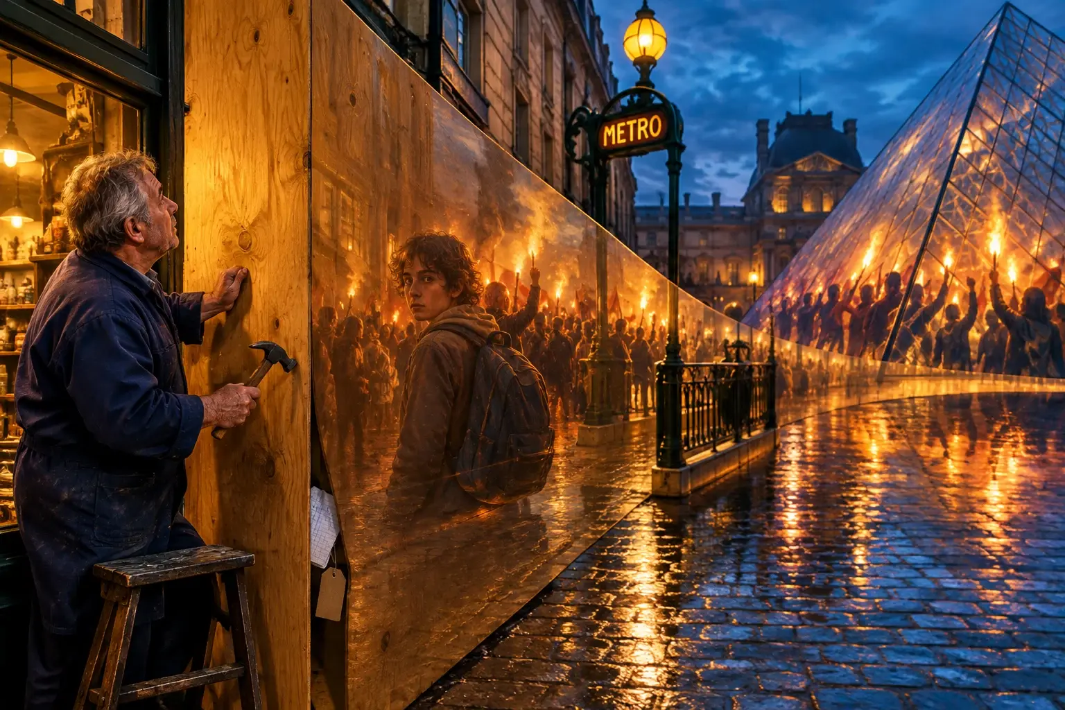 Een winkelier timmert zijn etalage dicht; het hout groeit door tot een spiegelwand bij de Louvre-piramide, met de weerspiegeling van een naderende stoet.