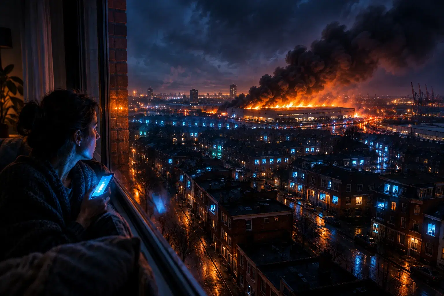Nachtelijke Rotterdamse woonwijk waarin blauwe telefoonschermen een ring van licht vormen; rook van een brandend bedrijfspand trekt dwars door de ring.