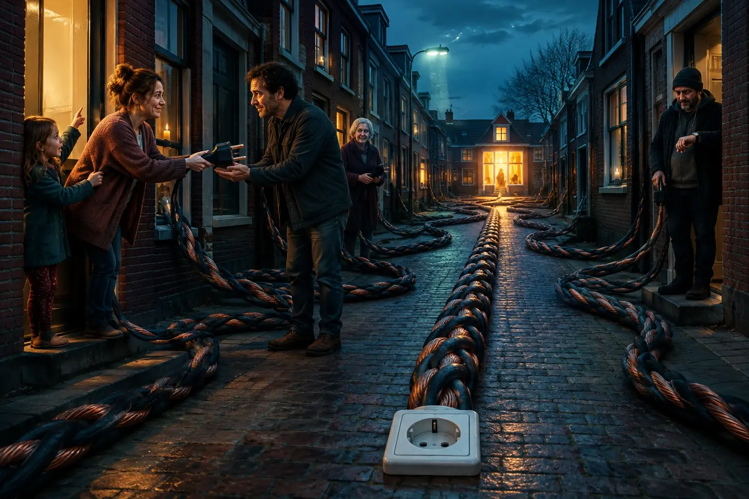 Rijtjesstraat waarin alle stroomkabels samenkomen in één stopcontact; buren geven een stekker door, één huis licht, anderen wachten.