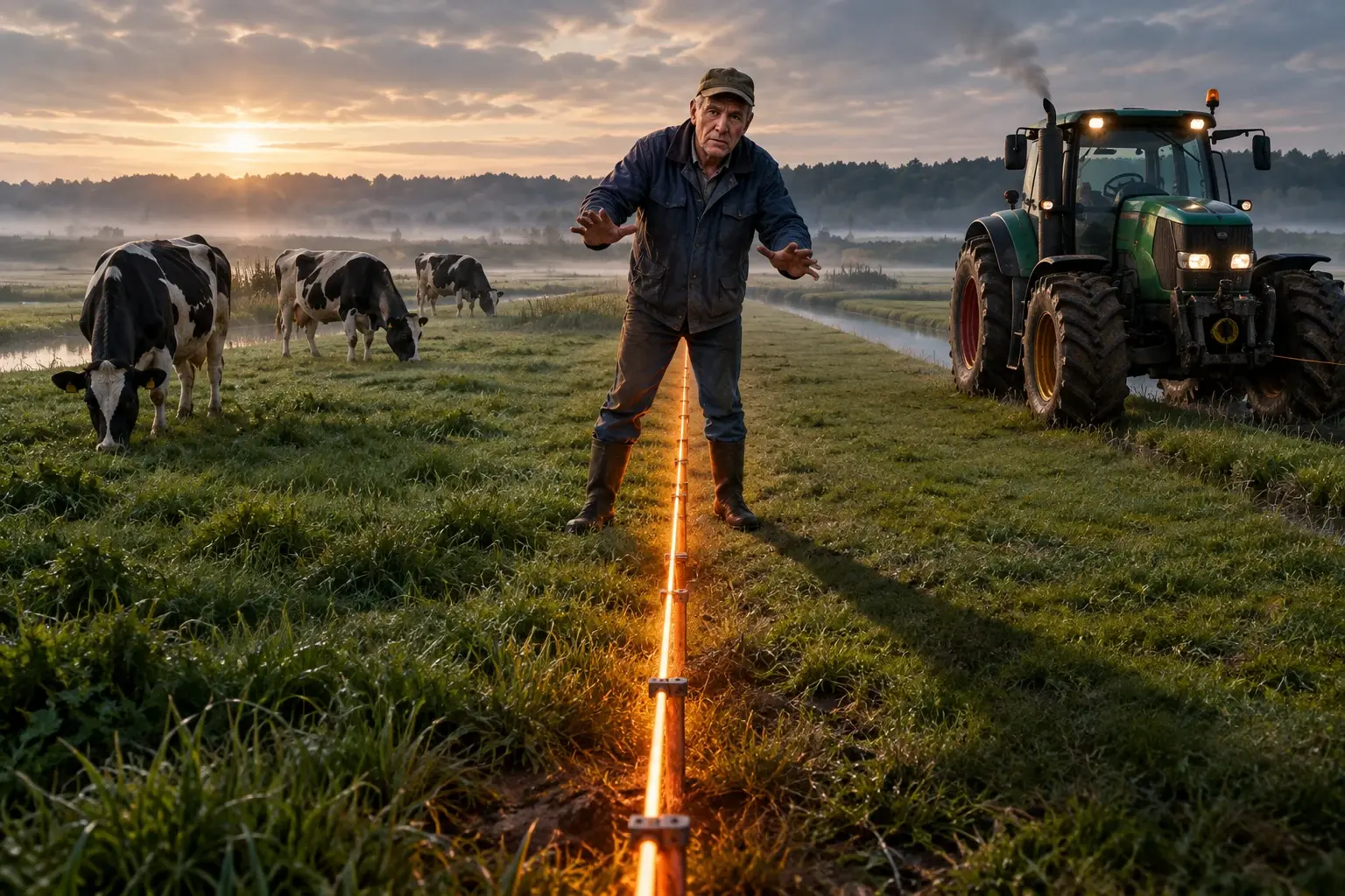 Boer staat met één laars aan elke kant van een gloeiende meetlijn die zijn weiland doorsnijdt, koeien grazen aan de verboden zijde.