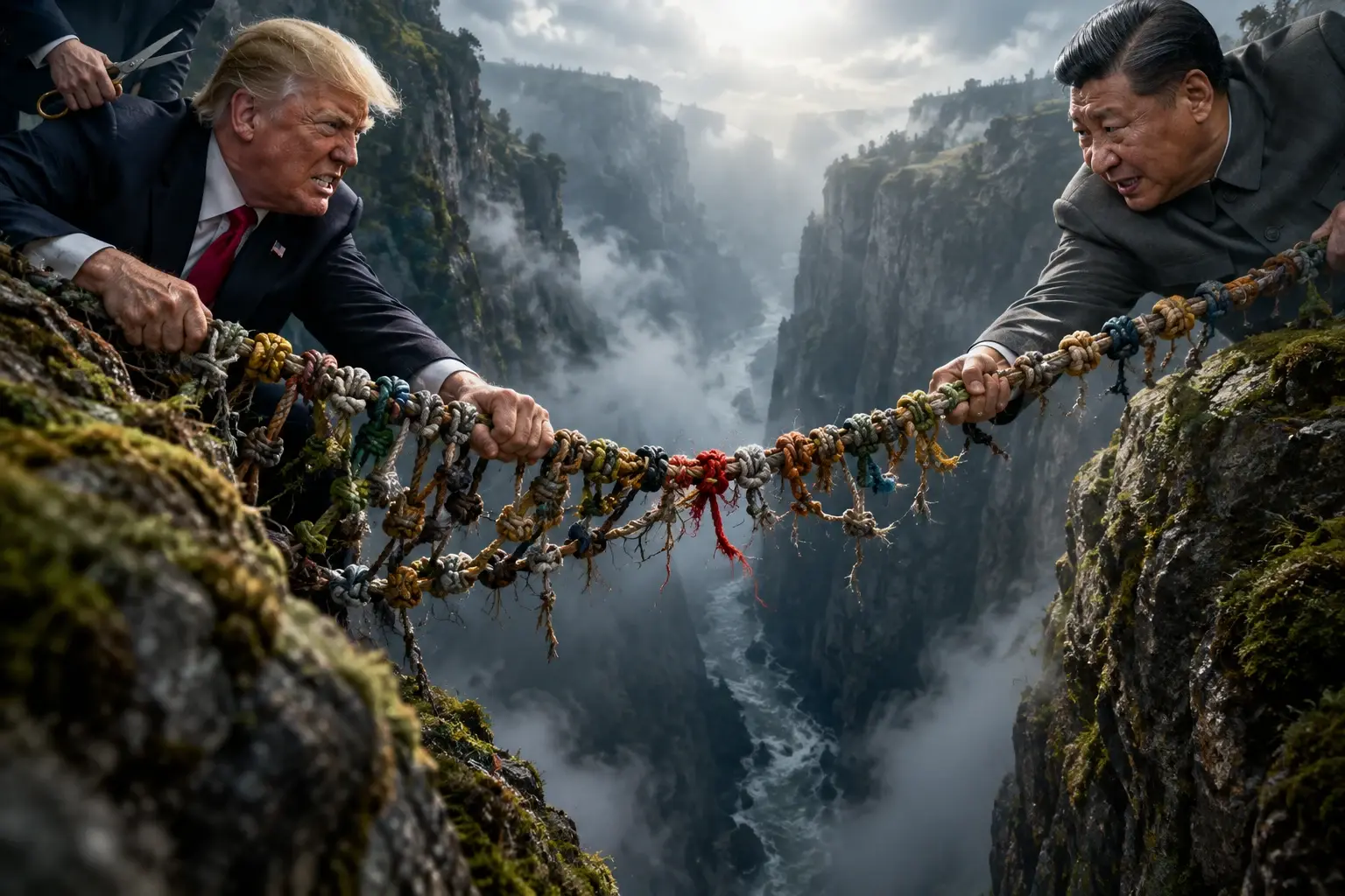 Twee partijen trekken aan een rafelende knoop in een touwbrug over een ravijn, terwijl een verborgen hand een schaar vasthoudt.