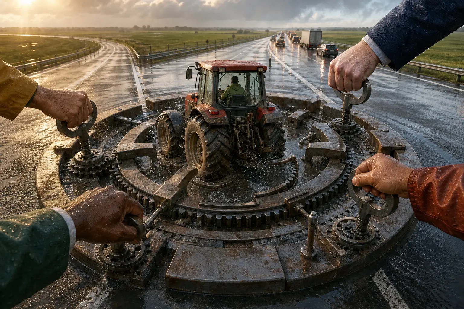 Vier handen draaien sleutels in een reusachtig ringslot dat deel uitmaakt van een snelweg en zich rond het wiel van een dwarsstaande tractor sluit.