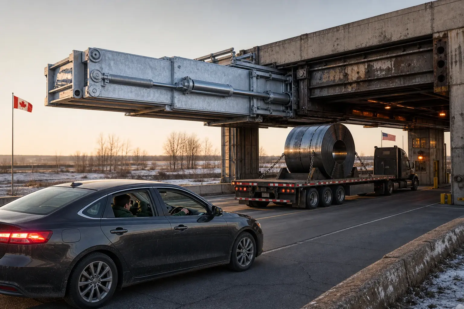 Een douaneloods schuift een tweede sectie uit over een remmende auto, terwijl een gezekerde staalrol in de naastgelegen grensstrook wacht.