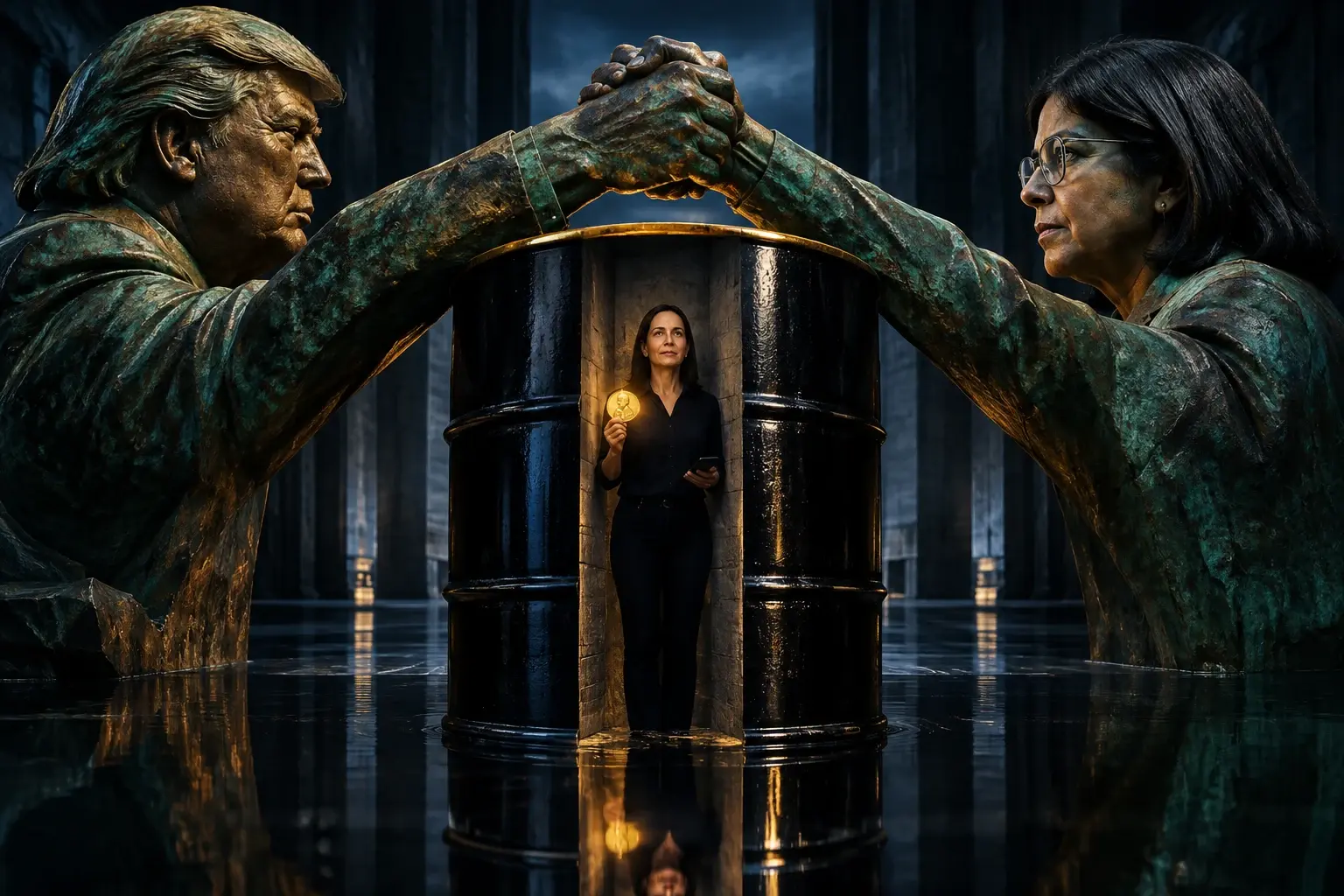 Kunstzinnig beeld: María Corina Machado staat met een gloeiende Nobelpenning onder een reusachtige bronzen handdruk van Donald Trump en Delcy Rodríguez boven een olievat.