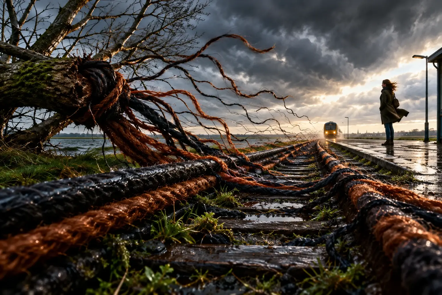 Een omgevallen boom als donkere knoop in spoorrails die als dikke wolstrengen rafelen, met een anonieme reiziger op een nat perron.