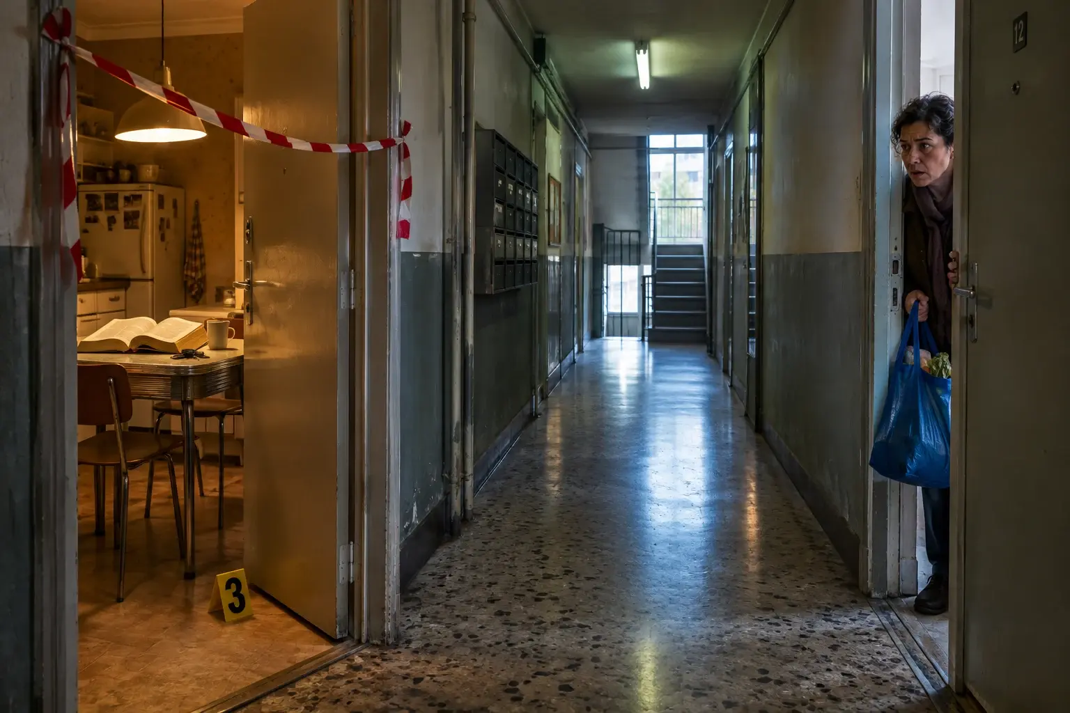 Dwarsdoorsnede van een flatgang met twee deuren: een open keuken met boek en afzetlint, en een buurtbewoner met boodschappentas die toekijkt.