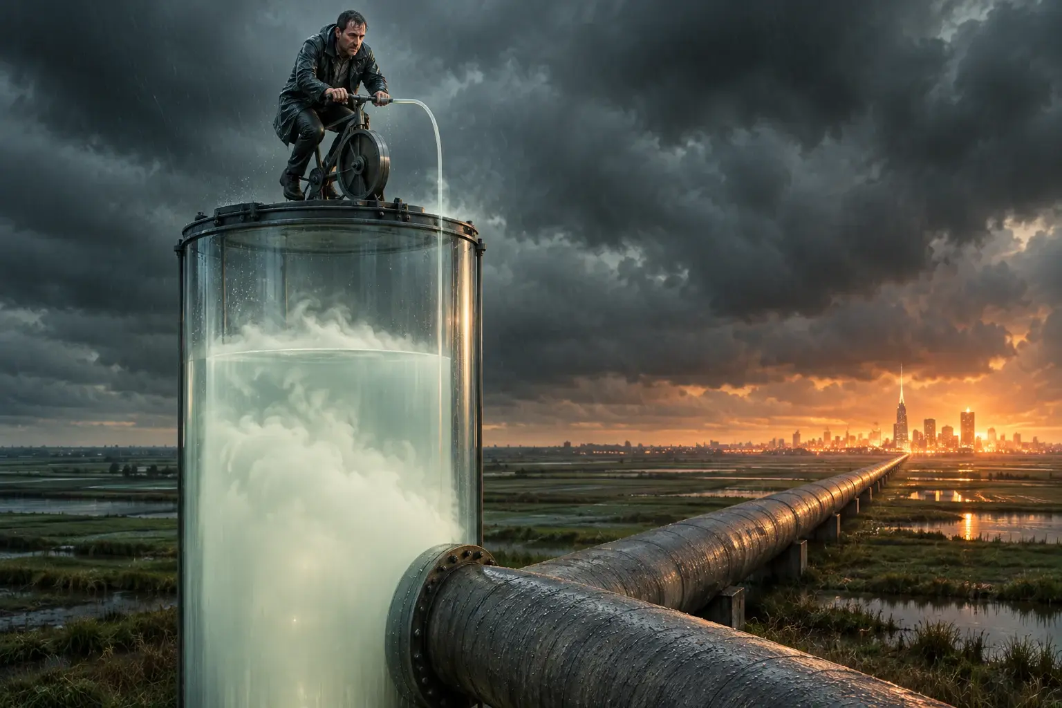 Man pedaalt op fietsdynamo bovenop enorm glazen gasbuffervat in polder, terwijl dikke leiding gas wegzuigt naar verlichte winterstad.