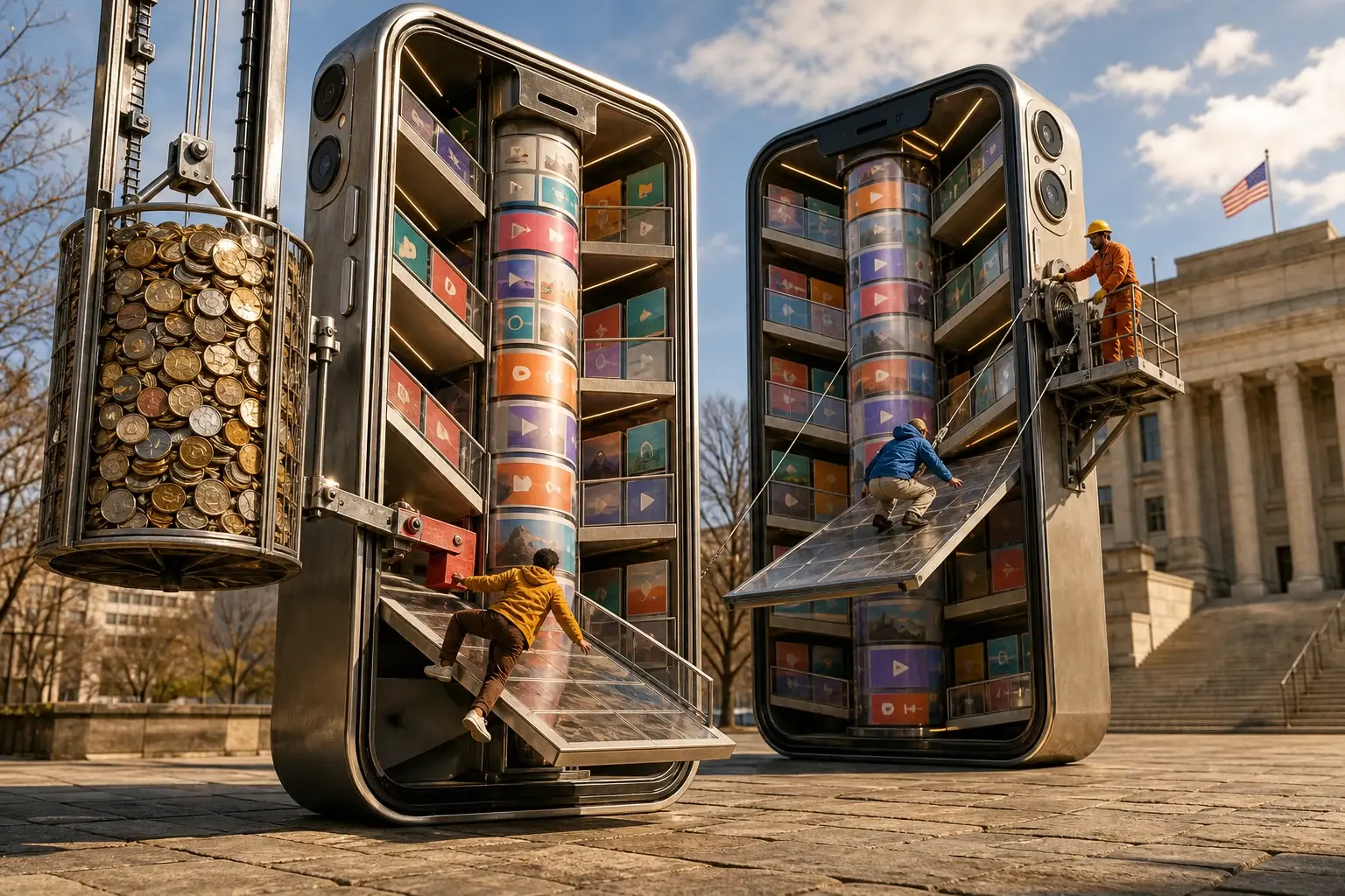 Twee opengewerkte smartphonegebouwen hebben vloeren die mensen naar een centrale kaartenstroom laten glijden, terwijl een monteur één vloer recht hijst en een korf vol munten het mechanisme afremt.
