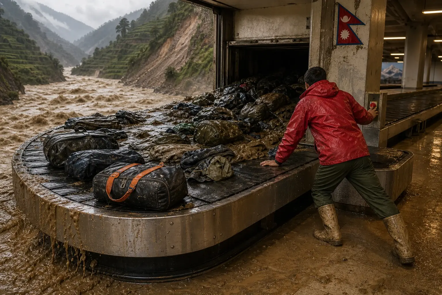 Een Nepalese hulpverlener drukt de noodstop in van een bagagecarrousel die naadloos uit een kolkende bergstroom komt en alleen doorweekte reisbagage aanvoert.