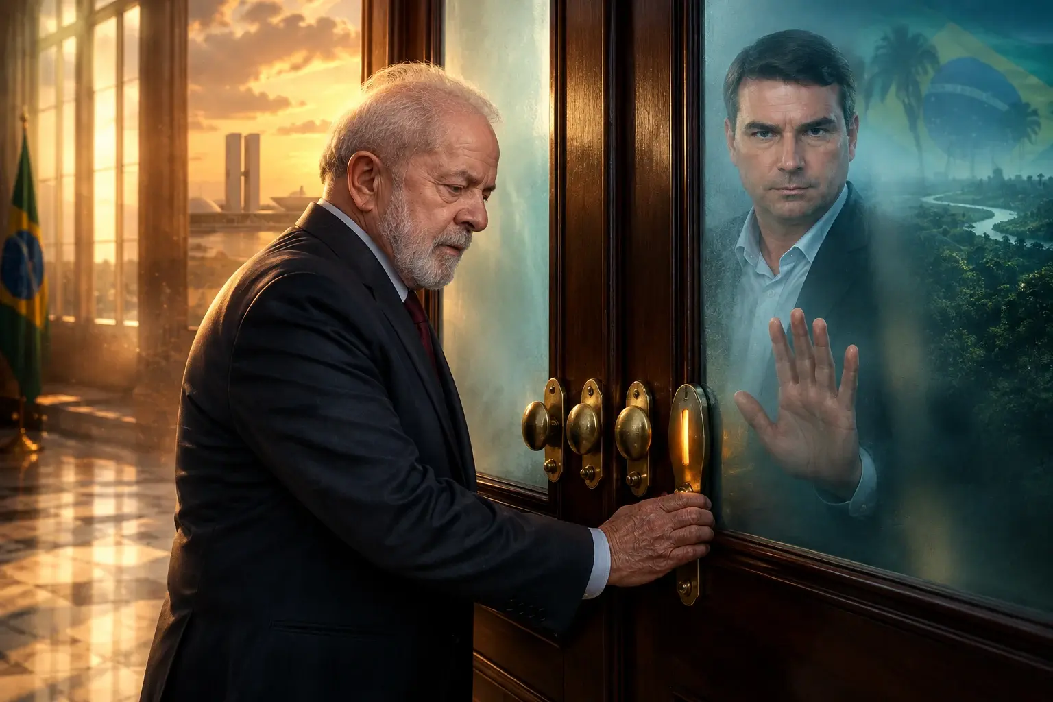 Artistiek beeld van Luiz Inácio Lula da Silva bij een hoge deur met vier klinken, terwijl Flávio Bolsonaro aan de andere kant zijn hand tegen melkglas houdt.
