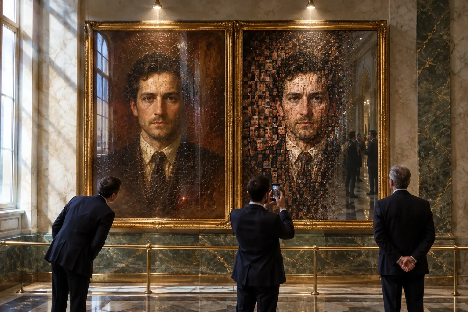 Renaissancistisch dubbelportret in een vergulde lijst in een marmeren bankgang; het rechterpaneel bestaat uit duizenden gezichtsfragmenten en lost op in ruis, terwijl bezoekers voor het doek buigen.