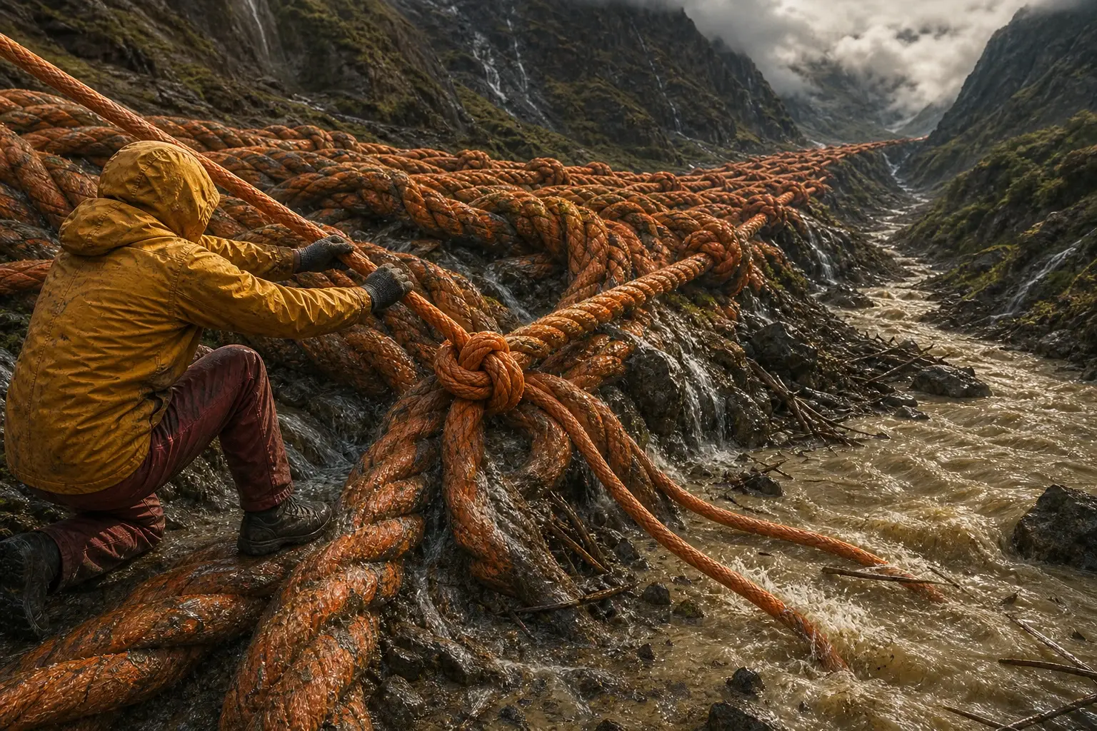 Een hulpverlener trekt een knoop dicht in een gigantisch reddingstouw dat een overstroomde bergvallei vormt; twee verbonden losse uiteinden bewegen nog bij de rivier.