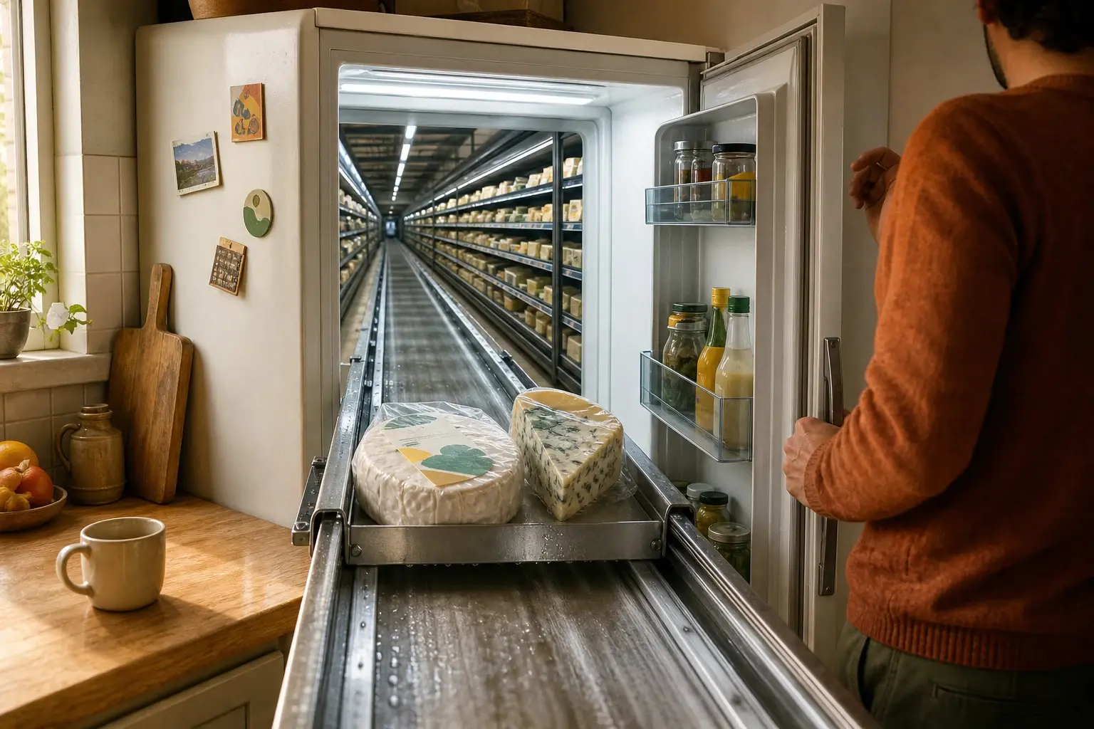 Een supermarktslede trekt brie en gorgonzola door een onmogelijk diepe koelkast terug naar het schap, terwijl een bewoner verstijfd bij de open deur staat.