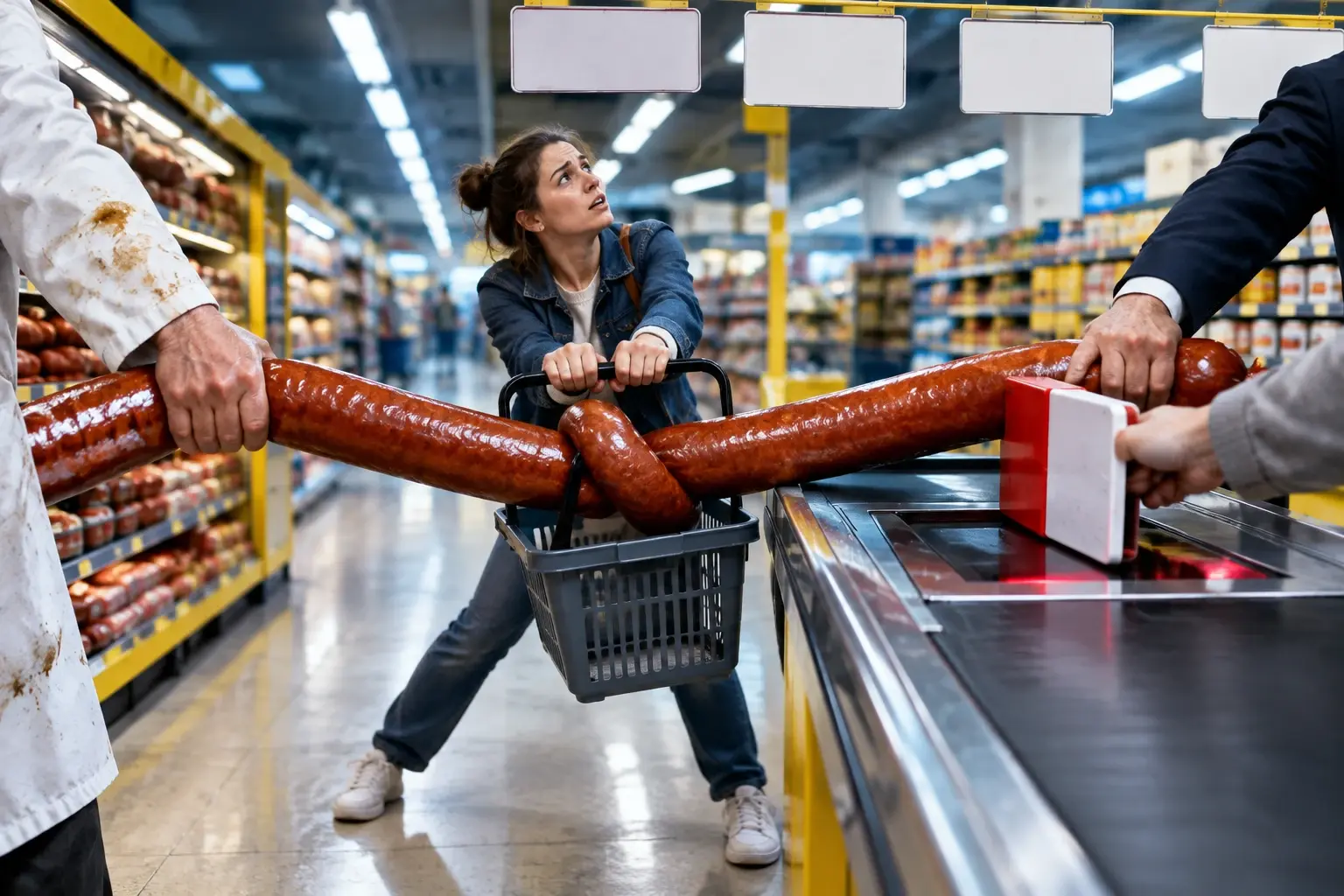 Een jonge klant staat met haar mandje in een uitgerekte rookworst tussen fabrikant en supermarkt, terwijl een toezichthouder een scheidingsblok op de worst schuift.