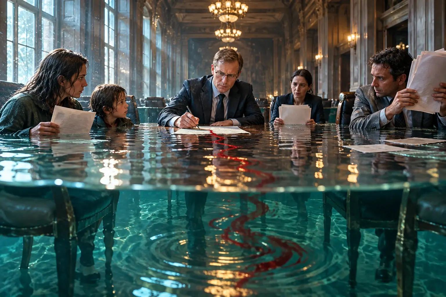 Magisch-realistisch beeld van een Brusselse vergadertafel op waterhoogte; Wopke Hoekstra tekent een grens die oplost, een gezin en verzekeraar kijken toe.