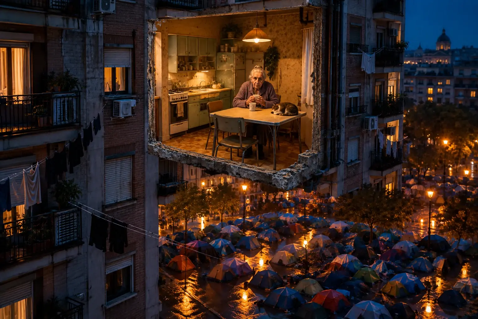 Nachtelijke Madridse gevel met zwevende uitgesneden keuken waarin een 87-jarige vrouw zit; beneden vullen honderden tenten de exacte leegte van het verdwenen appartement.