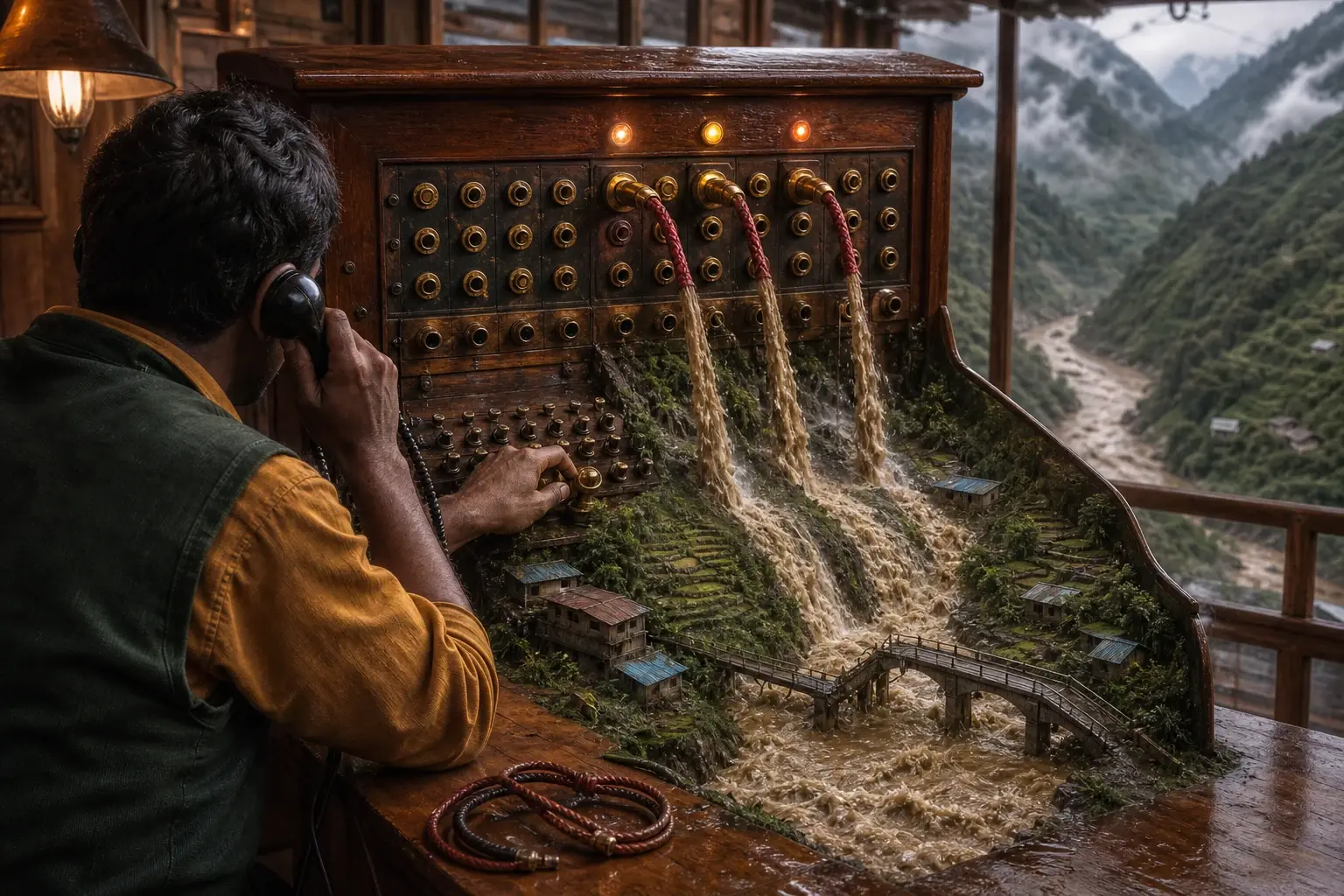Een operator luistert aan een houten telefooncentrale waarin drie rode kabels veranderen in waterstromen door een overstroomde Nepalese bergvallei.