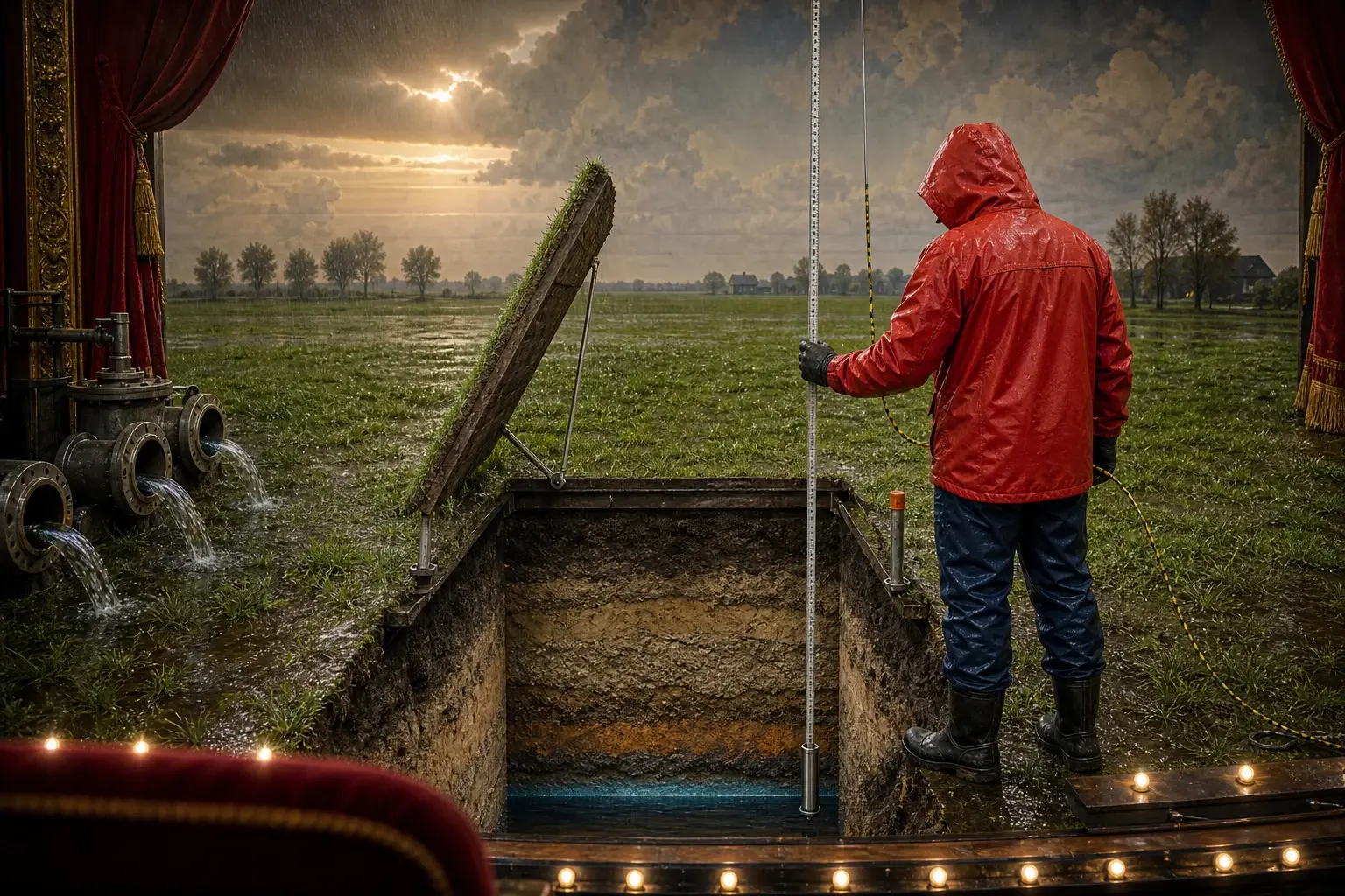 Een technicus meet door een open toneelluik een diepe, droge bodem onder een natgeregend weiland; het grondwater is slechts een smalle lijn ver beneden het podium.