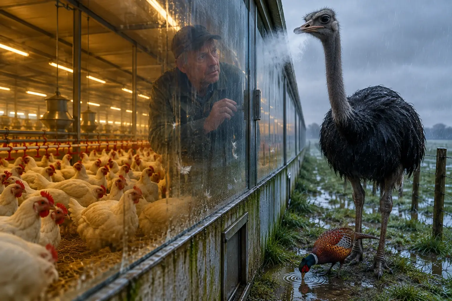 Een struisvogel en fazant staan in de regen buiten een glazen wand, binnen staan kippen in warm licht en weerspiegelt een boer.