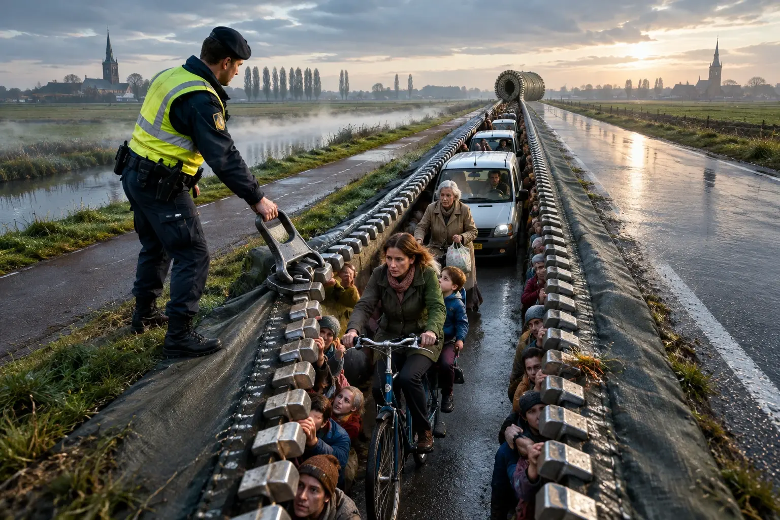 Reusachtige rits in een Nederlandse polder opent zich voor fietsers en auto's; kleine figuren klemmen tussen de tanden, met aan beide kanten dezelfde kerktoren.