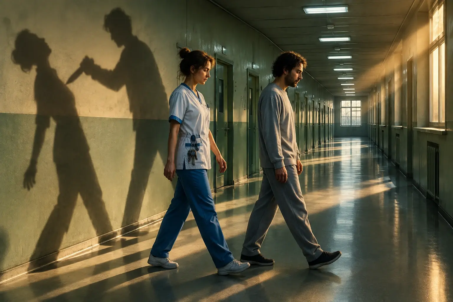Twee figuren lopen rustig door een tbs-gang terwijl hun schaduwen op de muur een steekincident uitvoeren.