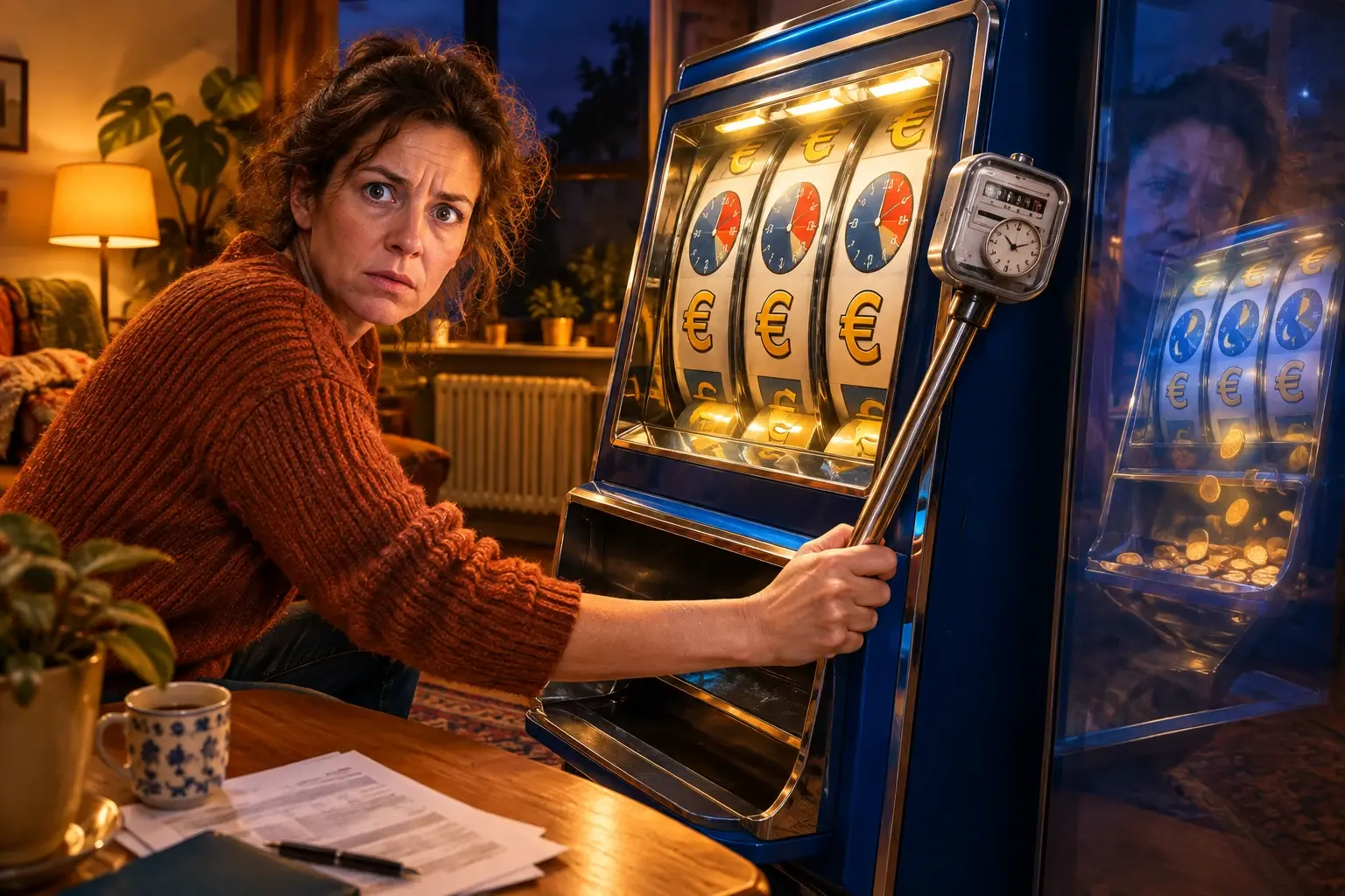 Een persoon in een Nederlandse woonkamer trekt aan een gokautomaat met uren en eurotekens; de rollen tonen alleen hoge prijzen en de uitbetalingslade is leeg.