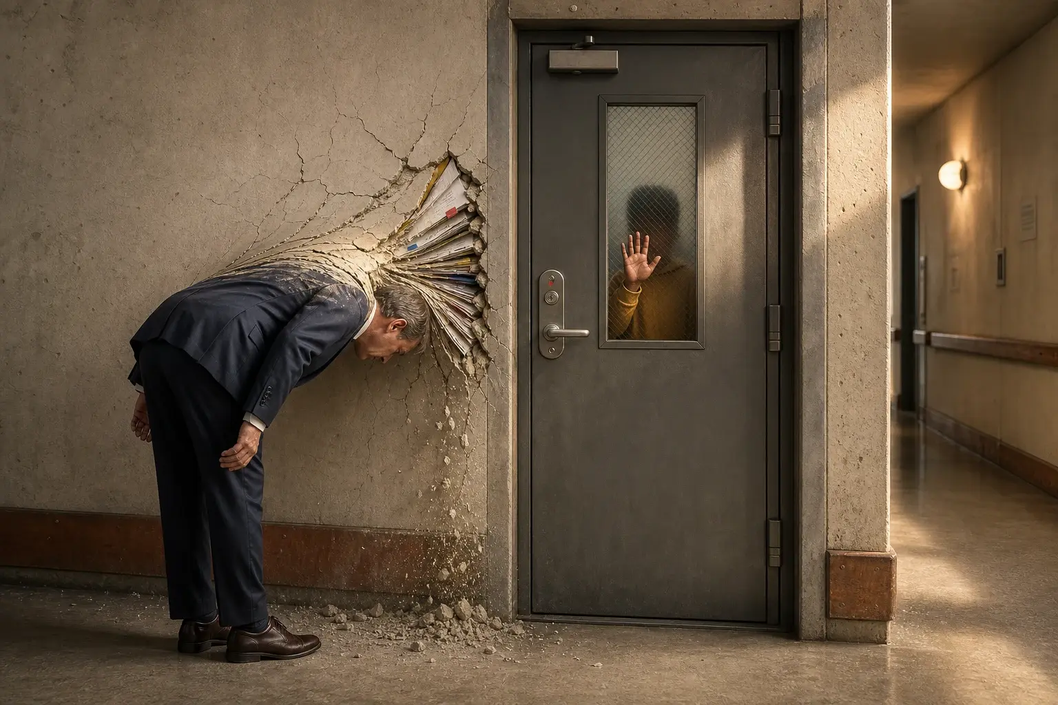 Een buigende vertegenwoordiger is met zijn donkerblauwe kostuum vergroeid met de betonnen muur rond een gesloten jeugdzorgdeur; achter het matte venster houdt een jongere een hand tegen het glas.