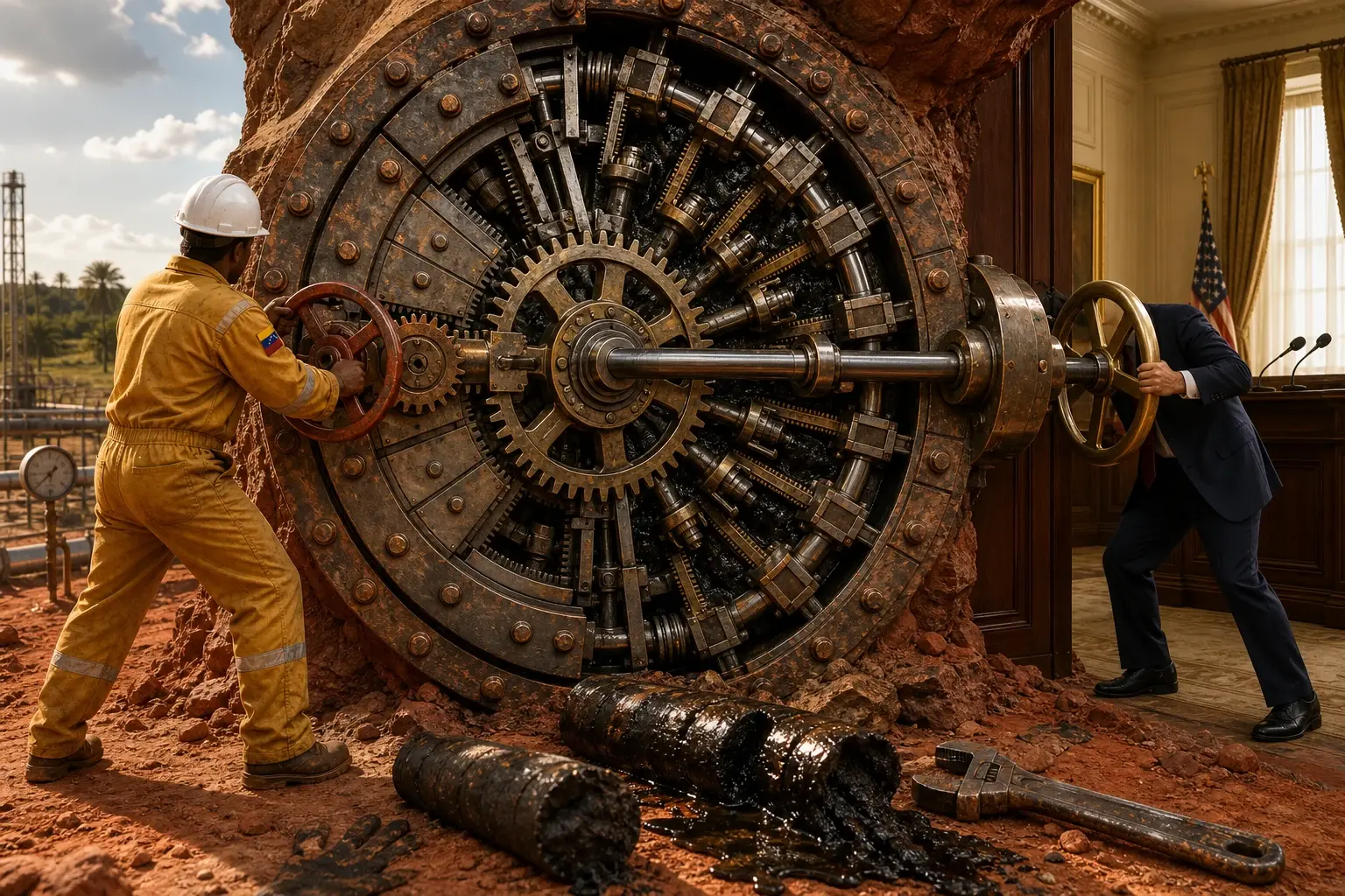 Een Venezolaanse ingenieur houdt een deel van een enorme kluispoort in oliehoudende rots gesloten, terwijl een Amerikaanse functionaris via een lange as de meeste andere segmenten opent.
